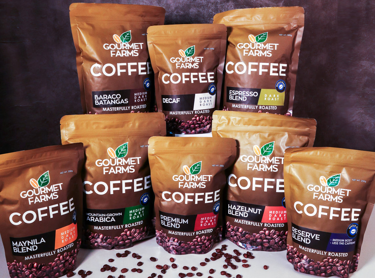 Gourmet Farms Arabica Coffee 500g | Hazelnut, Barako, Premium | Whole Bean, Drip & Coarse  Grind