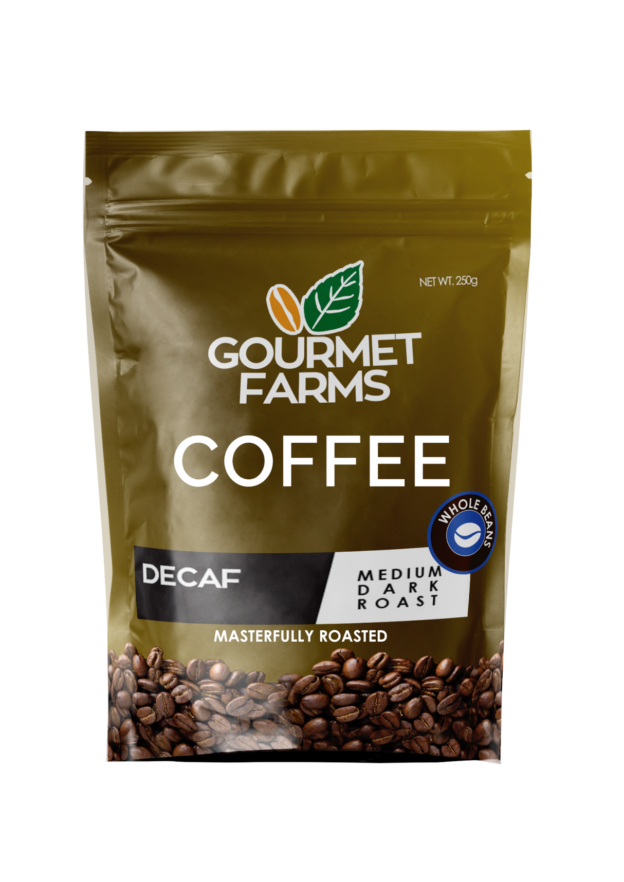 Gourmet Farms Coffee Decaf, Whole beans & ground, 250g & 500g